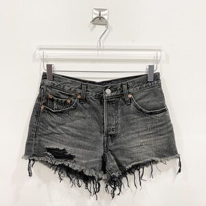 Levi’s 501 Denim Shorts Slashed Black Distressed Frayed Hem Cotton Button Fly 25